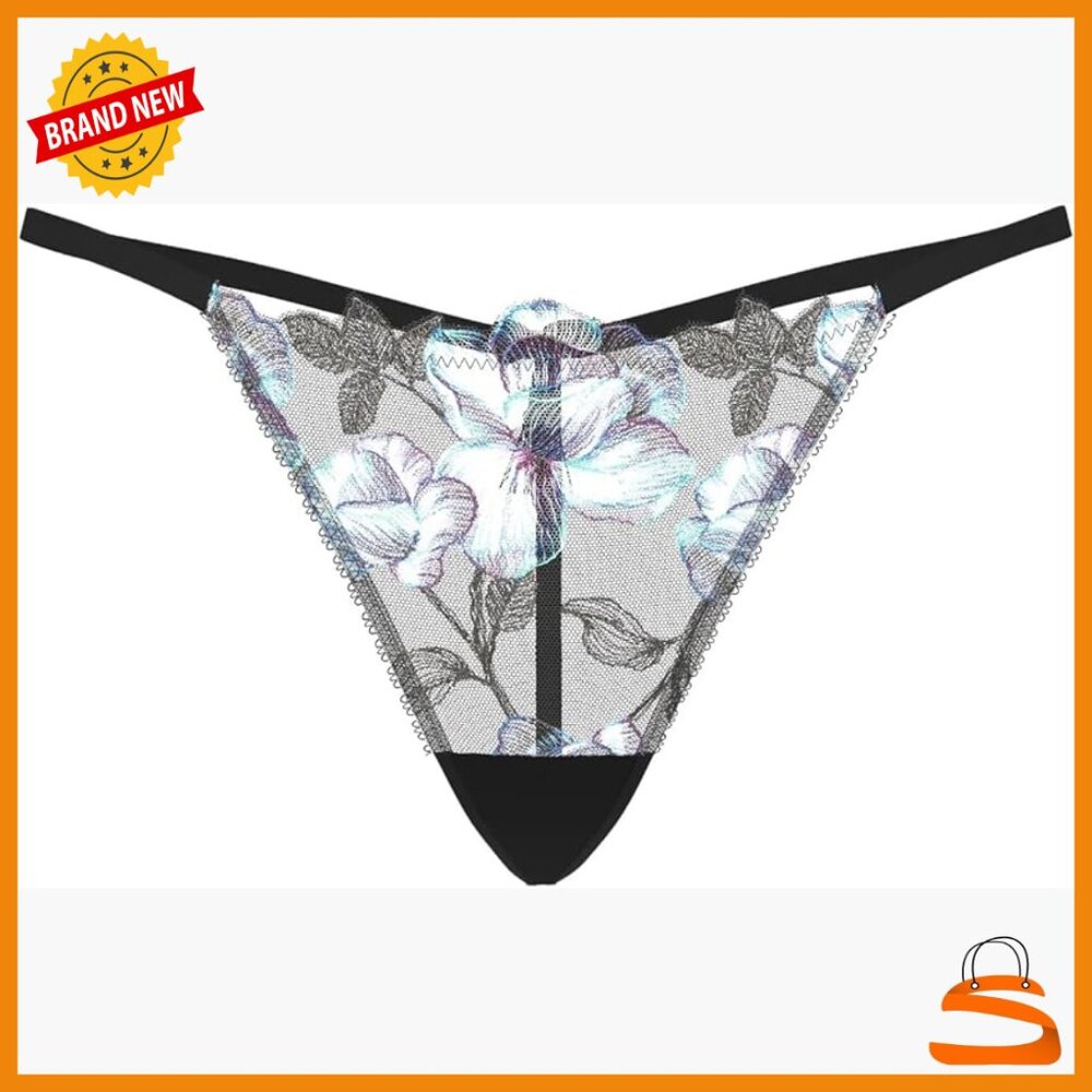 Sheer Mesh V-String Panty With Floral Embroidery, Low Rise, Size Medium